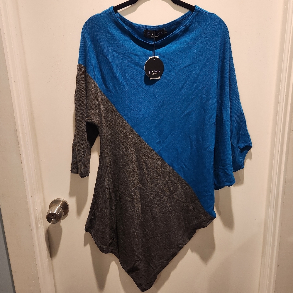 NWT P Luca Milano asymmetric sweater, size large, blue and gray colorblo…